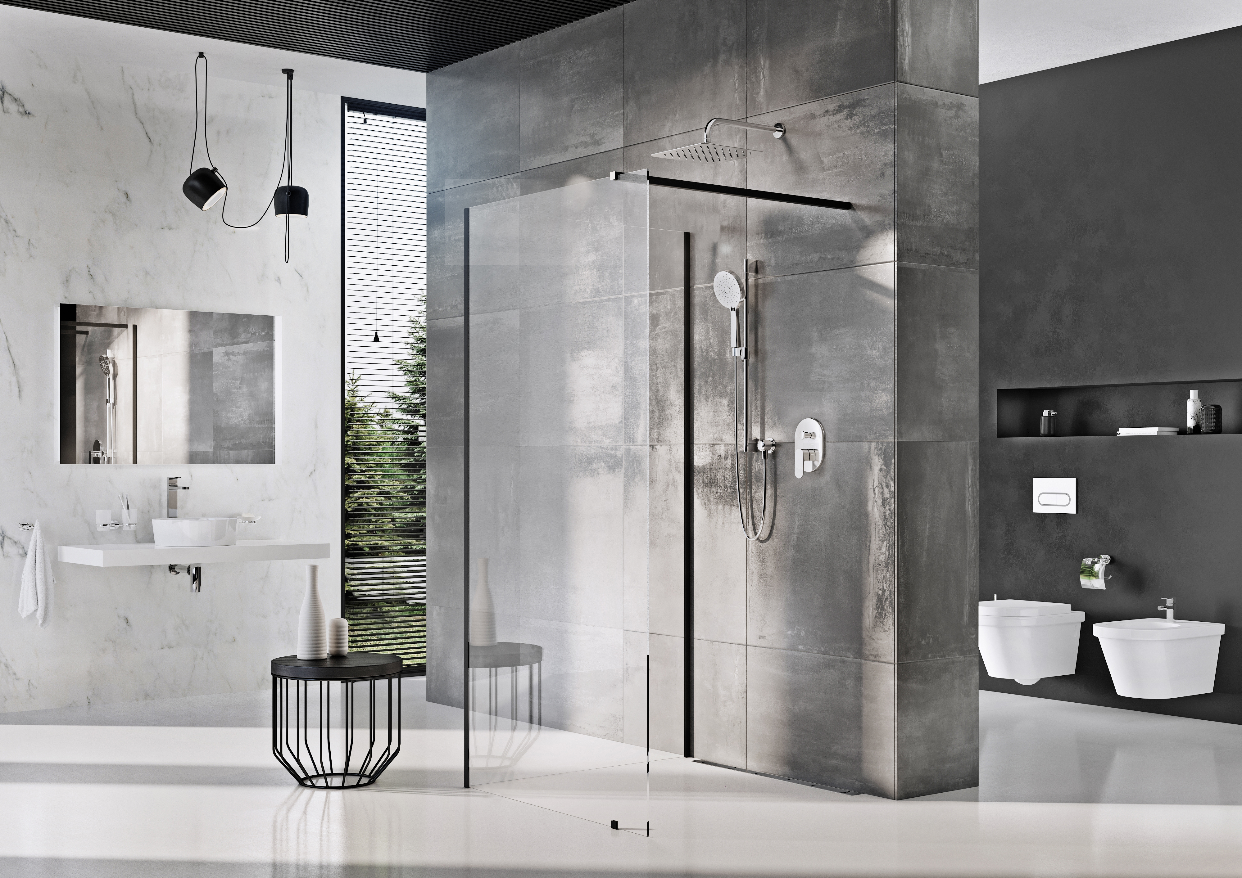 A modern fekete profil és a Walk-In zuhanyzó egyedi méretezése miatt jó választás a fürdőbe!